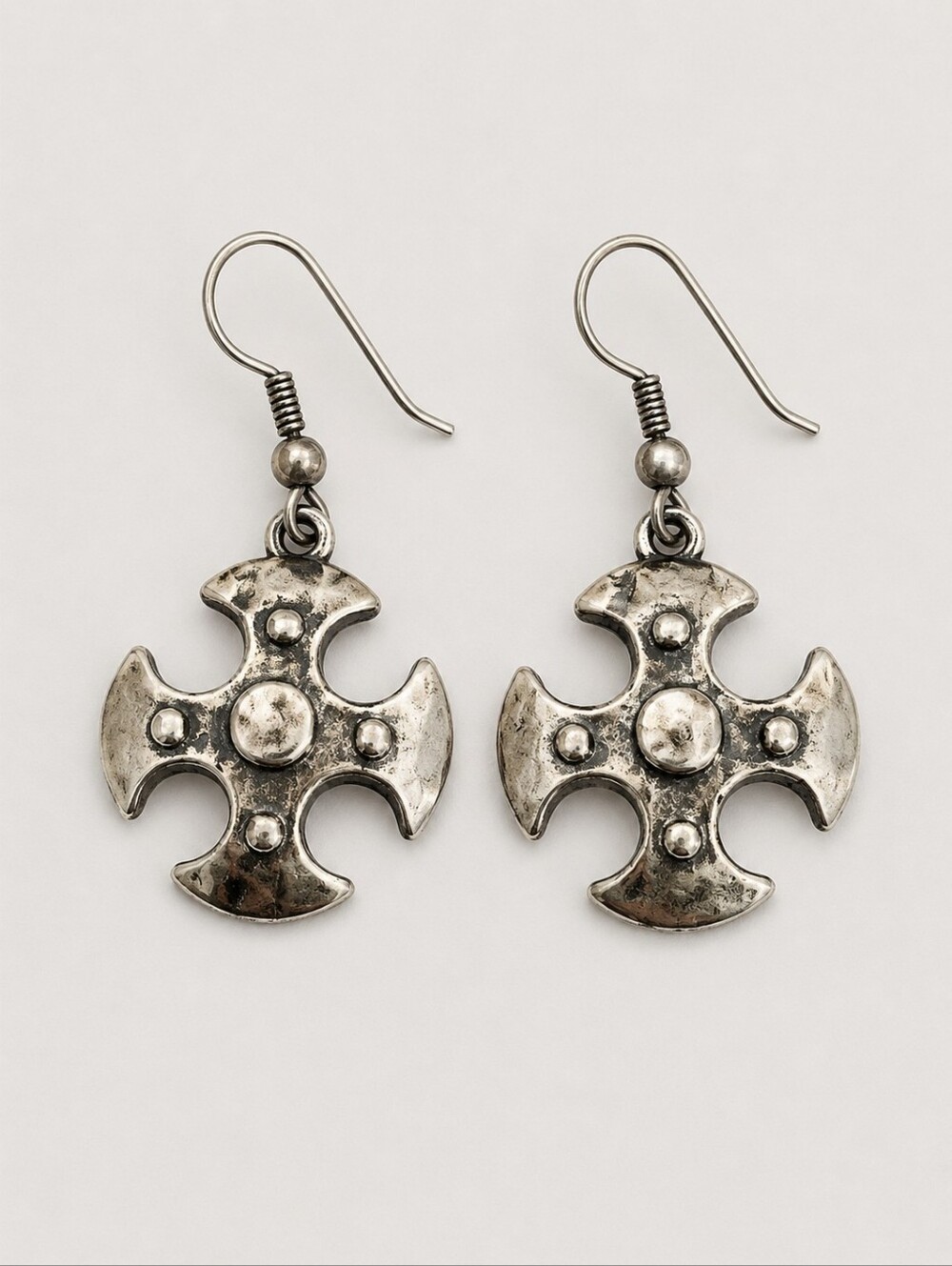 VTG Dauplaise Silvertone Maltese Byzatine Cross Dangle Hook Earrings